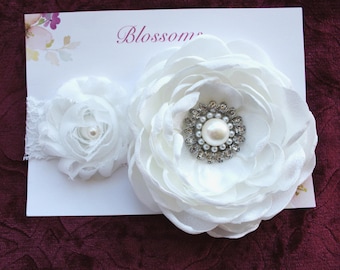 White Satin Baptism Headband, Baby Christening Headband, Flower Girl Headband, Couture Headband, White Baby Headband, Wedding Headband
