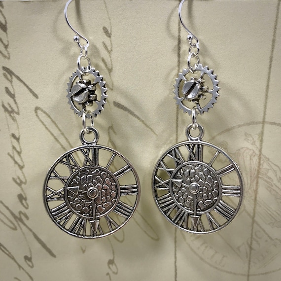 Steampunk Clock Face and Gears Dangle Earrings