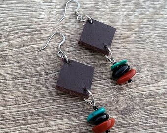 Spoils of the Canyon- Recycled Leather Stacked Gemstone Nugget Earrings