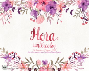 Watercolor Flora 02 Clipart, Flowers Clipart, Flower, Floral, Wreath, Bouquet, PNG, Clip Art, Watercolour, Purple, Pink