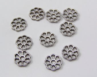 Set of 10 beads 9 x 1.5 mm silver metal flower spacers