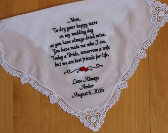 Mother of the Bride wedding handkerchief, hanky, hankie, To dry your happy tears, embroidered, personalized Mom Wedding Gift, Canada, LS0F23