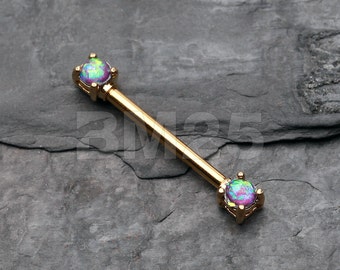 A Pair of Golden Opal Sparkle Prong Nipple Barbell Ring - Purple