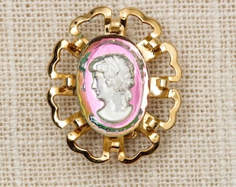 Gold Cameo Brooch Vintage Portrait Iridescent Broach Vtg Pin 7P