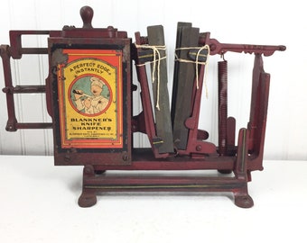 Antique knife sharpener,Blankner Knife Sharpening Co., Cleveland Ohio vintage tool, metal tool, farm find, industrial decor, antique machine