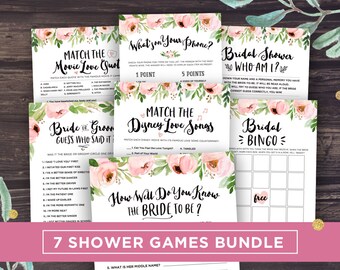 Bridal Shower Games Printable Package, Floral Wedding Shower Bundle, Pink Peonies, Roses, Disney Bridal Shower