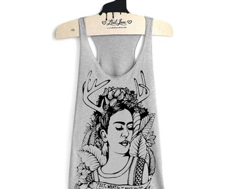 S,M,L,XL - Light Gray Racerback Tank with Frida Screen Print