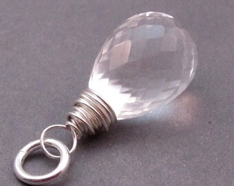 Clear Crystal Quartz Pendant, Sterling Silver Wire Wrapped Pendant, April Birthstone Charm, Interchangelable Pendant, Stone 2