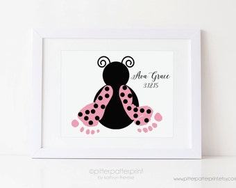 Pink Ladybug Baby Footprint Art Print, Girl's Nursery Lady Bug Room Wall Decor, Personalized with Your Child's Feet, UNFRAMED