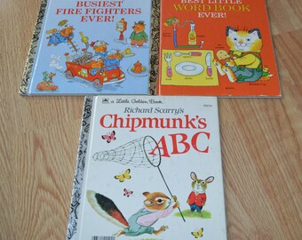 Three Richard Scarry's Little Golden Books: Best Little Word Book Ever! Chipmunk's ABC Busiest Fire Fighters Ever!