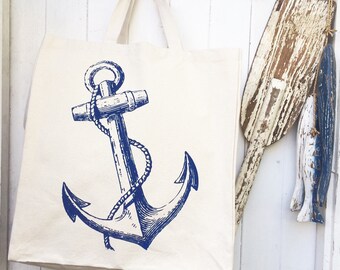 Hand Screen Printed Anchor Cotton Canvas Tote Bag Shoulder Bag Beach Bag Grocery Bag Natural Reusable