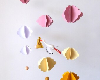 "Heron among the clouds" baby mobile pink and yellow version