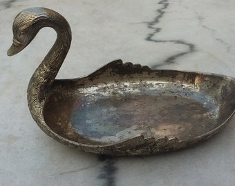 Vintage nickel silver swan dish, shallow bowl, trinket holder, nuts serving plate, sauces serving plate, small swan dish (koyt5)
