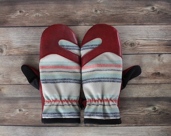 Wool and Leather Mitten | Trail Mitt | striped Pendleton wool and red deerskin leather