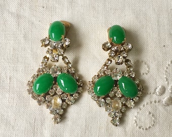 Clear And Green vintage czech glass clip earrings