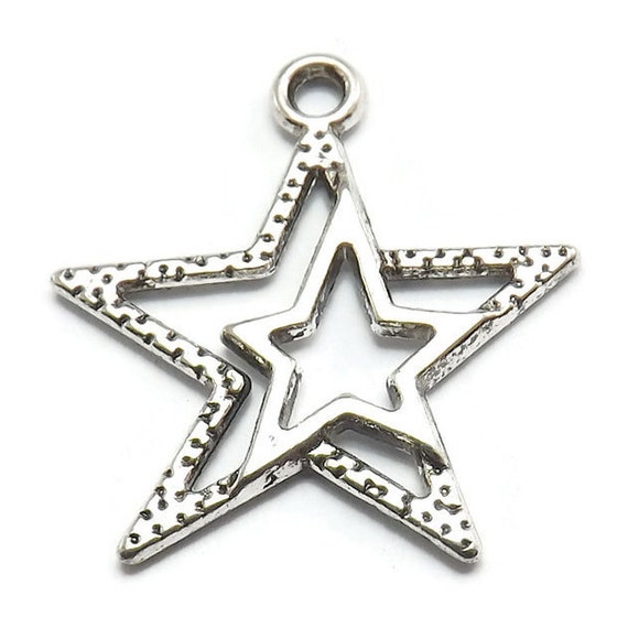 10 Double Star Charms Silver Tone Metal S346-cnt