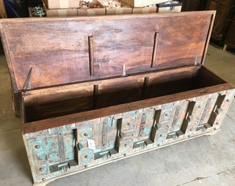 Vintage Trunk Blue Distressed Natural Wood Bench Table Block chest Olddoors Rustic FARMHOUSE Bohemian Interior FREE SHIP