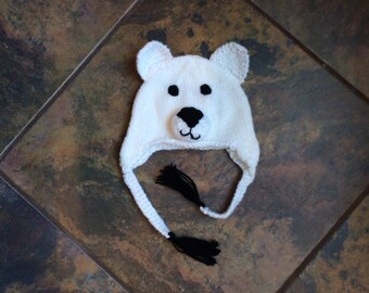 12 - 15 Month White Polar Bear Hat. Hand Knit.