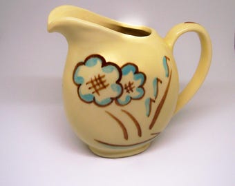 Vintage Shawnee Pottery Pitcher 1950s Beige with Brown and Blue Flowers