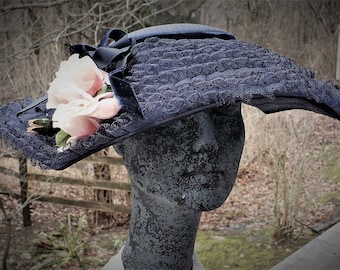 Vintage 1940's Wide Brim Saucer Hat ... Navy Blue ... Scalloped, Wired Brim ... Trimmed in Ruffled Tulle ... Rose Cluster Accent.