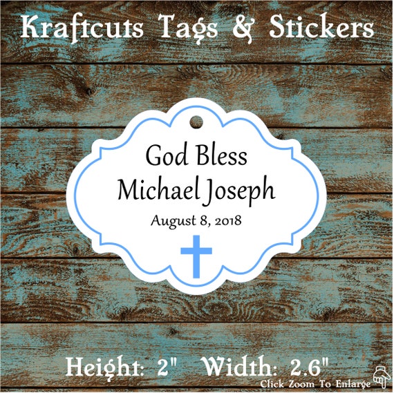 Personalized Favor or Gift Tags - God Bless Baptism Tags with Blue Border #780 - Quantity: 30 Tags