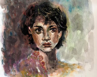 Original watercolor painting - colorful woman portrait