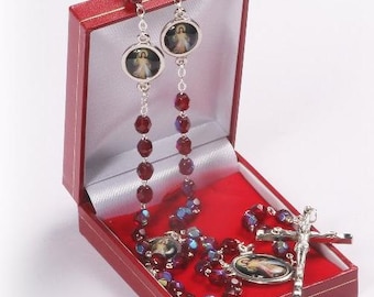 Divine Mercy of Jesus Rosary Beads. Divine Mercy Medals attached to Garnet Red Crystal Rosary Beads.