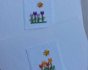 Handmade embroidery thank you card , spring tulip card, red orange tulips