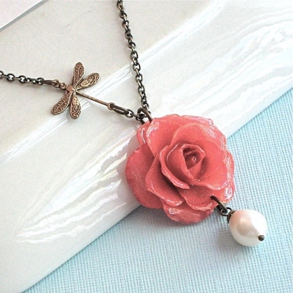 Real Flower Jewelry Preserved Rose Necklace Pink Brass