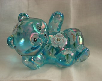 Fenton Aqua or Turquoise Iridescent Reclining Bear, Painted by VL Anderson