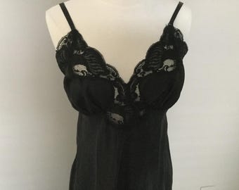 Vintage BOMBSHELL BLACK SLIP Slinky Black Lace Lady Lynne Lingerie 50s Lace Top Hem Trim Adjust straps Nylon,Rayon, Polyester Size 36 Med