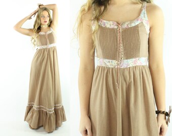 70s Hippie Maxi Dress Long Prairie Country Sleeveless Tan Floral Ruffled Vintage 1970s Small S Medium M Boho Festival Jonathan Logan