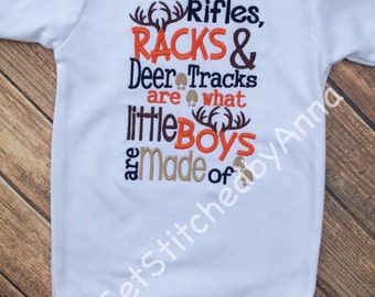 Rifles, racks and deer tracks, thats what little boys are made of, Boy's onesie