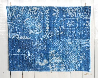 Organic Hand Dyed Batik Quilt - Hand Dyed Indigo Quilt, OOAK Fiber Art Batik Quilt, Indigo Wall Hanging