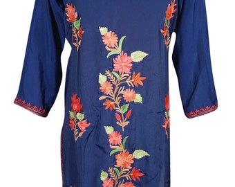 Embroidered Blue Shirt Traditional Multicolored Floral Embroidered Sheer Georgette Free Flowing Hippie Chic Dress XS