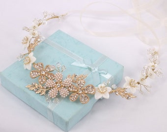 Casablanca - Mother Pearl Flower, Rhinestone Flower, Rhinestone leaves and Crystal Bridal Hair Vine