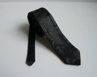 Vintage Black Leather Skinny Tie, Leather Necktie, 1980s