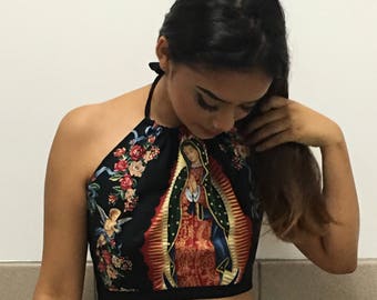 Custom Size Made to Order Virgin of Guadalupe Halter Top Alexander Henry Fabric Boutique Style Virgen de Guadalupe Choose Black or Cream