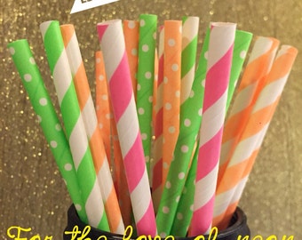 Neon Paper Straws, Polka Dots,Stripes ,Neon Party Straws , Birthday Party , Theme Party, Neon Green , Neon Orange , Neon pink, Cake pops