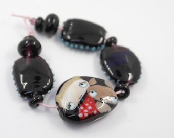 Black Lampwork bead set ,handblown glass beads , murano beads, artisan , ooak sra artist
