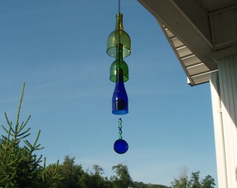 Three Tier Wine Bottle Wind Chime, Tri-Color Brown, Green and Blue