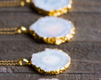 Solar Quartz Necklace,White Stalactite Necklace,Stalactite Slice,Gold Edged Stalactite,Stone Necklace,Gift for her,OOAK,BOHO,Raw stone jewel