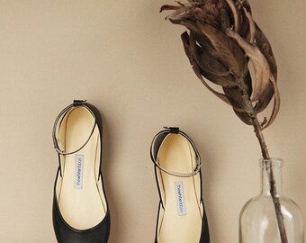 Mary Jane Ballet Flats in Black Leather | Pointe Style Shoes | Classic Model | Standard Width | Black Mary Janes | Ready to Ship