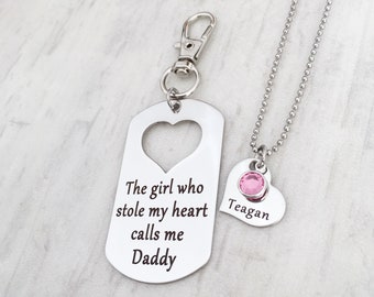 Father's Day Gift to Dad from Daughter - Father Daughter Matching Keychain and Necklace Heart Gift Set - The Girl Who Stole My Heart Calls