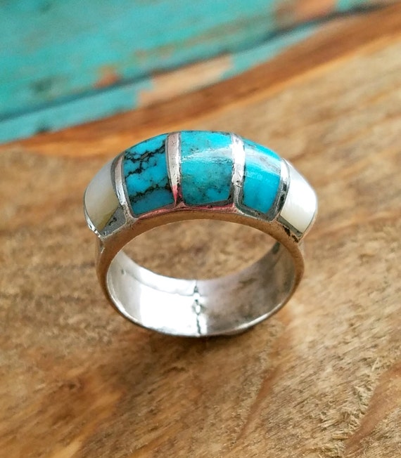 Mother of pearl ring SIGNED Sterling silver ring turquoise