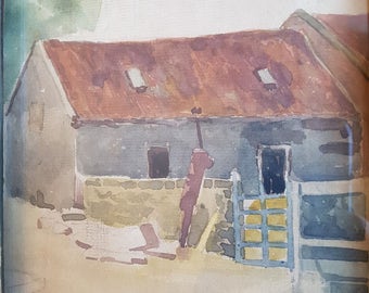 Vintage Watercolor Scottish Cottage Painting Original Art on Board 1920's