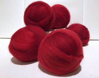 Red Wool Roving, Needle Felting Spinning Fiber, Christmas red, Valentine Red, bright red, Saori weaving, warm red