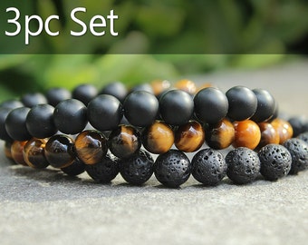 Mens Bracelet Set Tigers Eye, Lava Stone, Black Onyx Mens Gift Father Gift Husband Gift Mens Beaded Bracelet