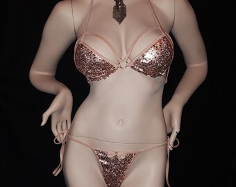 Rose Gold sequins Stripper Dancewear,swimwear.