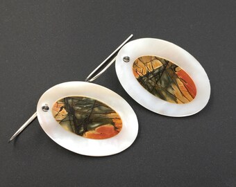 Multi-Color Picasso Jasper Earrings, Gemstone Earrings, Picasso Pearl Shell Earrings, Statement Earrings, Drop Earrings Gift for Her